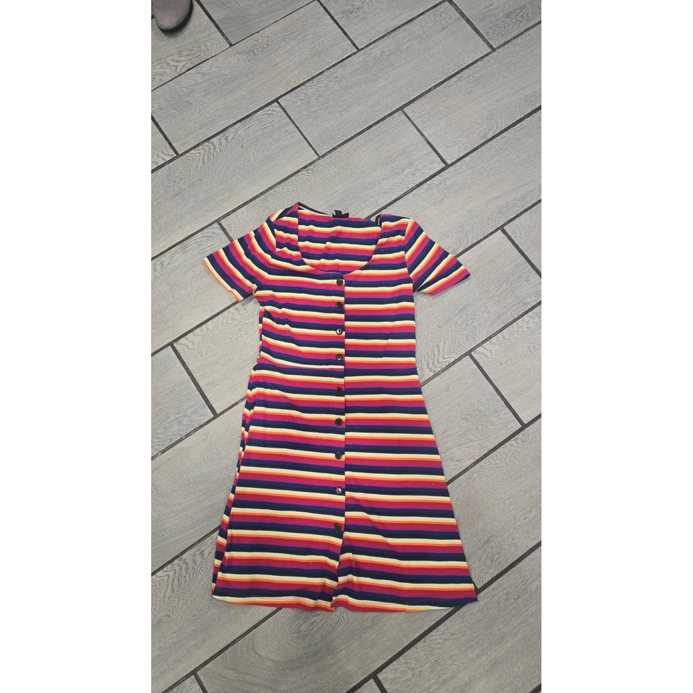 TOPSHOP Rainbow Stripe Button Front Ribbed Fit Flare Dress Women Size 8